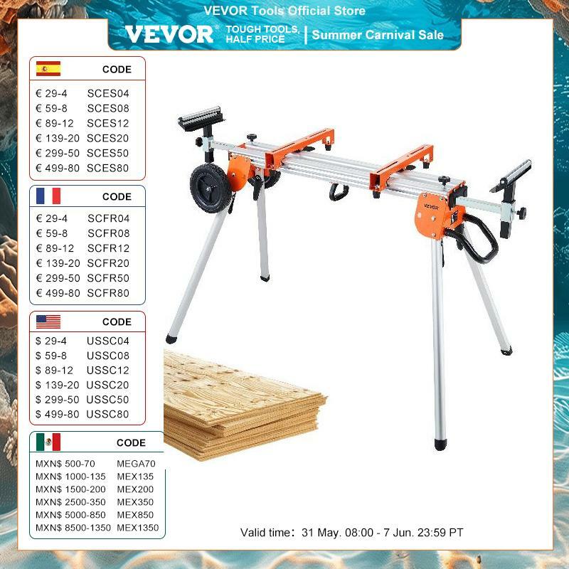 VEVOR 100in Collapsible Miter Saw Stand with One-piece Mounting Brackets Sliding Rail 500lbs Load Capacity for Cutting Works
