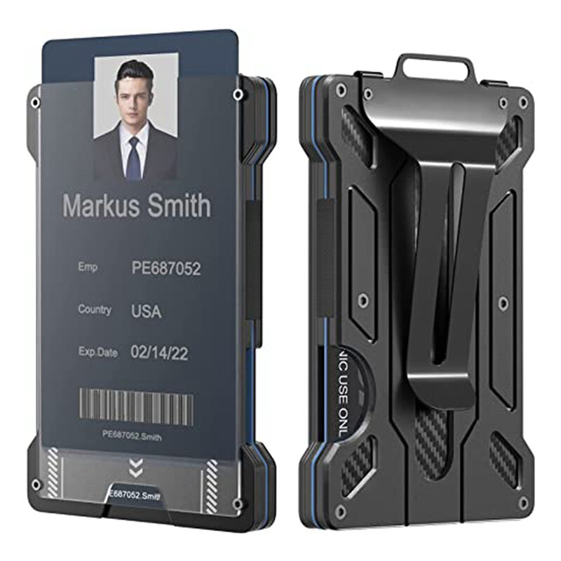 Minimalistyczny portfel dla mężczyzn-aluminiowy klips na portfel na karty kredytowe z 1 przezroczyste okienko uchwyt na identyfikator, blokowanie RFID portfel z włókna węglowego