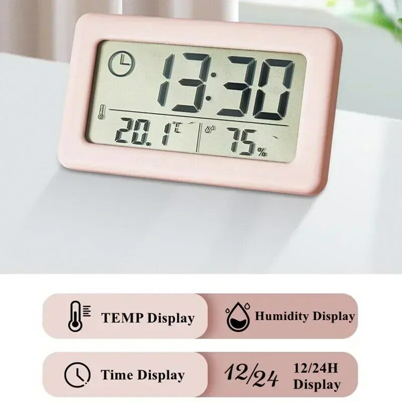 Jam Digital Mini, pengukur suhu dan kelembaban meja portabel, termometer higrometer 12/24 jam bertenaga baterai