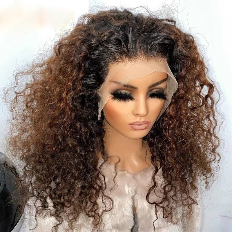 Pré-arrancadas Glueless Kinky Curly Lace Front Wig com cabelo do bebê, longo Ombre, marrom, 180% Densidade, Temperatura de Calor, Cosplay Diário, 26 in