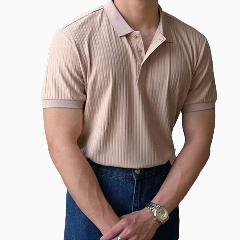 Bluzka z mięśniami t-shirt randkowy z guzikami L-3XL klapa poliestrowa prążkowana z krótkim rękawem 1 szt. Nowy biznes