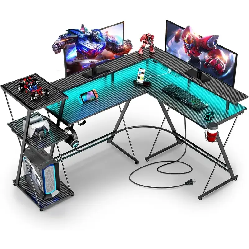 Mesa de jogos em forma de L com luzes LED e Tomadas, mesa de canto preto, porta-copos, ganchos de fone de ouvido