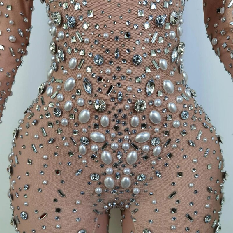 Evening Birthday Celebrate Sexy Rompers Prom Party Singer Costume Show Wear Big Pearl Bling Silver Stones Mesh Jumpsuit