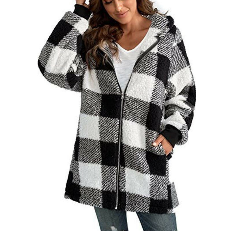 2023 jesienno-zimowa w kratę płaszcz ze sztucznego futra damskie kurtki z kapturem damskie futrzany miś pluszowa kurtka kobiet