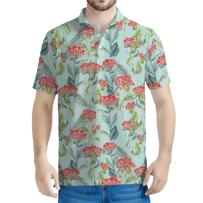 Polo Bouvardia Plants para hombre y mujer, camisa con estampado 3D de flores, manga corta, informal, de calle, de gran tamaño, Verano