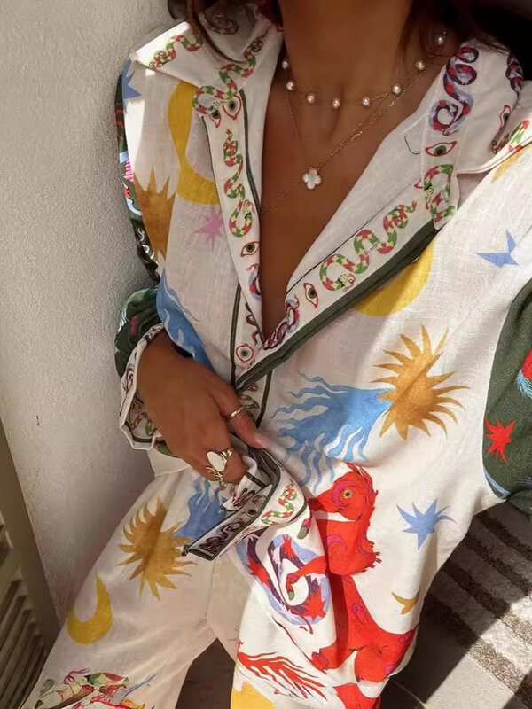 Женский комплект из двух предметов, Повседневная рубашка с принтом и винтажные брюки с эластичной талией, осень 2024