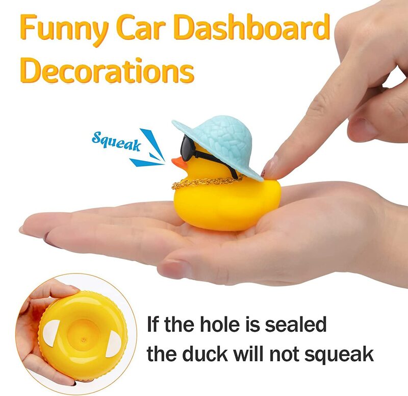 Car Duck Rubber Duck Dashboard Decorations Ornament Yellow Rubber Duck with Mini Swim Ring Sun Cowboy Hat Necklace