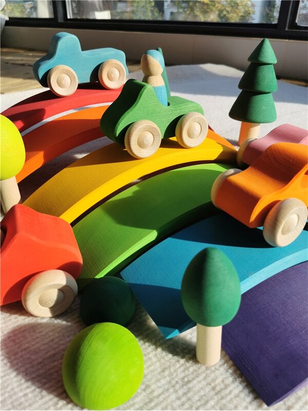Juguetes Montessori de madera para niños, bloques educativos de arcoíris, puente de apilamiento, coches de tilo, camión, árboles del bosque