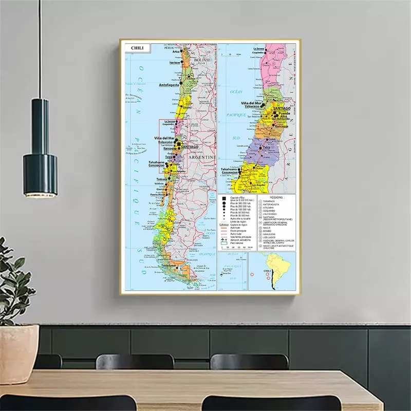 150*225 см политическая карта Чили (на французском языке), большой плакат, Нетканая холщовая картина, гостиная, украшение для дома, школьные принадлежности