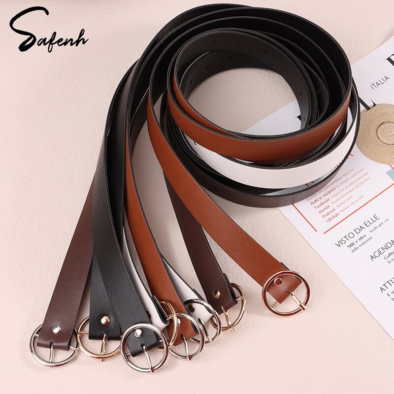 Cinturón de cuero clásico de 100CM para mujer, cinturón decorativo con hebilla circular de Metal, accesorios de ropa