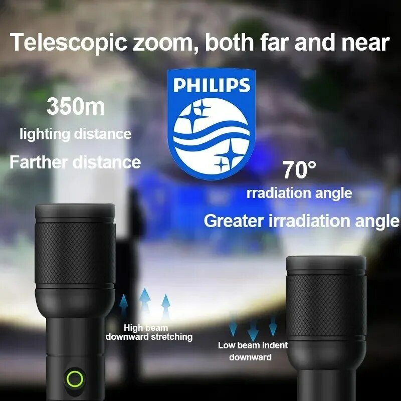 Philips 6168 Optical Zoom Flashlight Type-C Portable Flashlight With 4 Lighting Modes For Self Defense Camping Torch Light