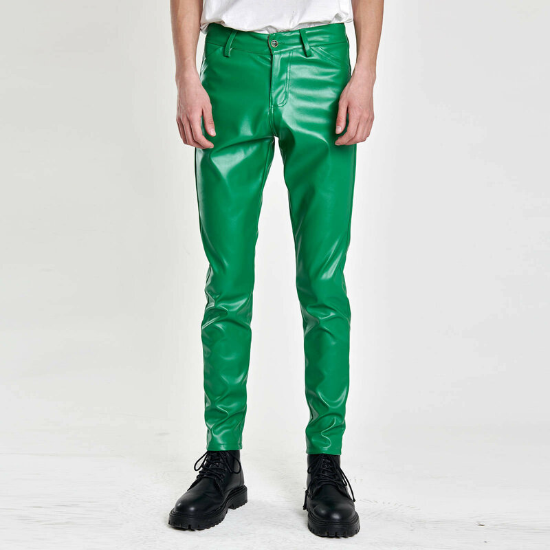 Pantalones de cuero de motorista verde brillante para hombre, pantalones de PU elásticos delgados a la moda, rojo, azul, negro, gris, pantalones de cuero de talla grande