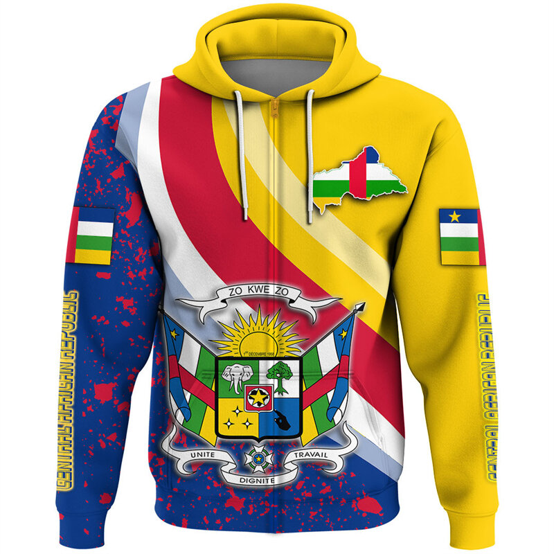 Hoodie ritsleting cetak 3D peta bendera Republik Afrika sentral untuk pria pakaian sweter Emblem Nasional atasan hoodie Mode anak-anak laki-laki