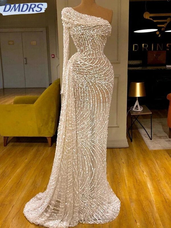 Sexy Illusion One Shoulder Cocktail Dresses Sparkly Sequins Beads Evening Dress Luxury Mermaid Long Prom Gown Robe De Mariée