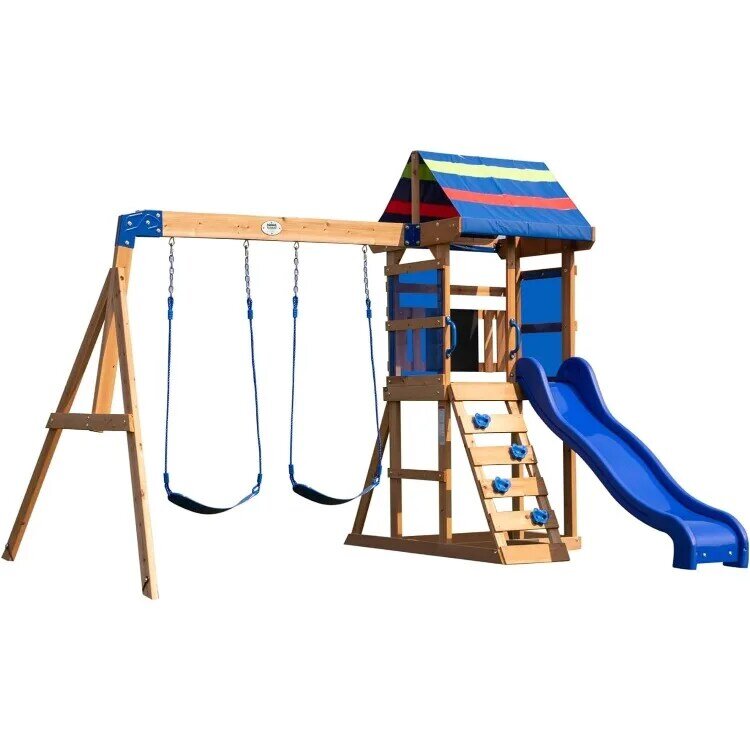 All Cedar Wooden Swing Set, Large Upper Deck with Canopy, Sandbox, Rock Wall, Slide, Two Swings, Chalkboard Blue
