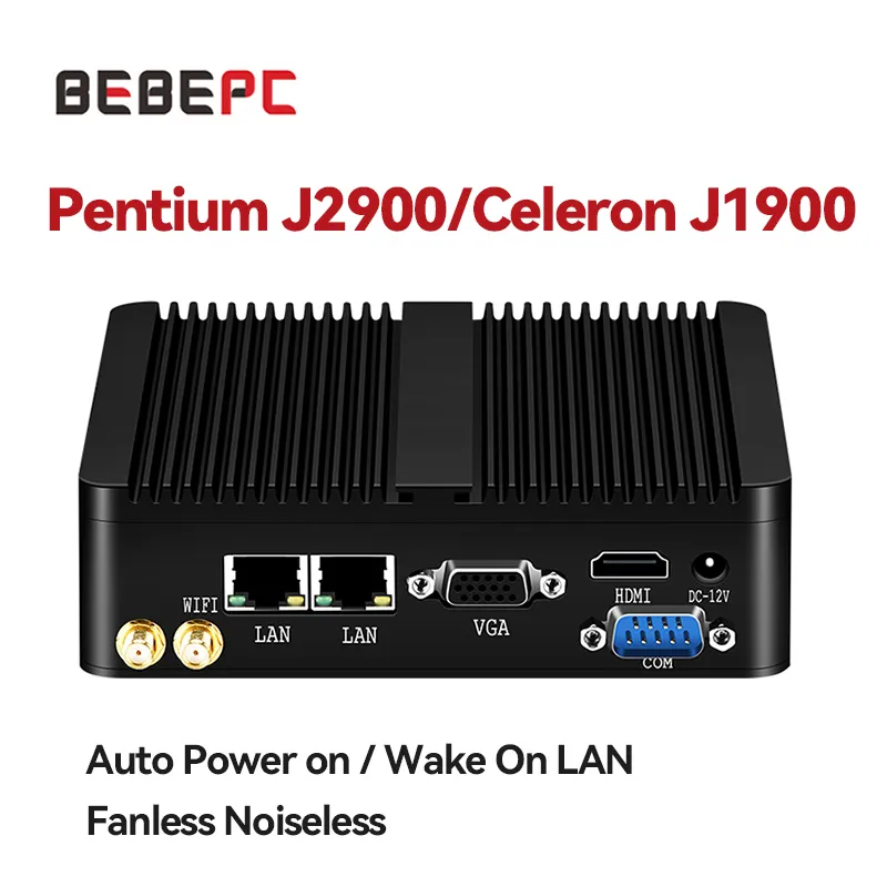 Mini pc industrie lüfter los mini pc celeron j6412 j1900 n2840 dual lan gigabi hd eingebettet iot windows10/11 linux set top box htpc