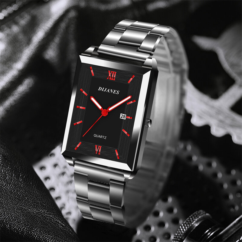 Montre-bracelet à quartz rectangulaire en acier inoxydable pour hommes, montres d'affaires, montre en cuir décontractée, mode