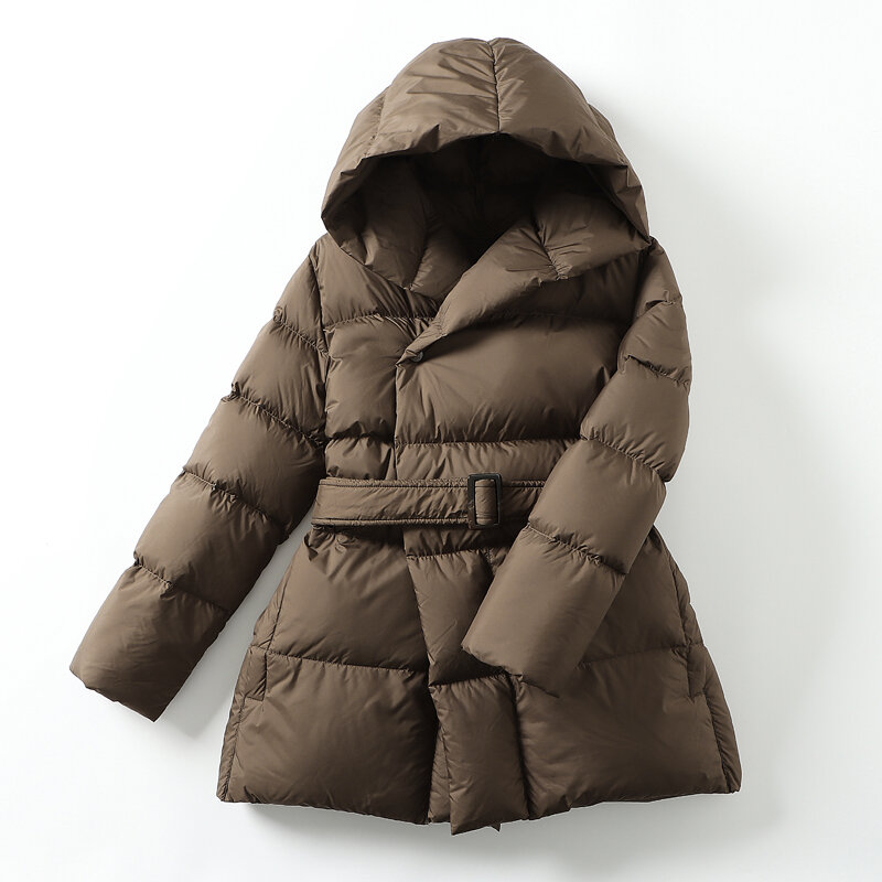 Chaquetas de plumón ultraligeras para mujer, abrigo informal cálido con cinturón, Parka con capucha de talla grande, invierno, 2023
