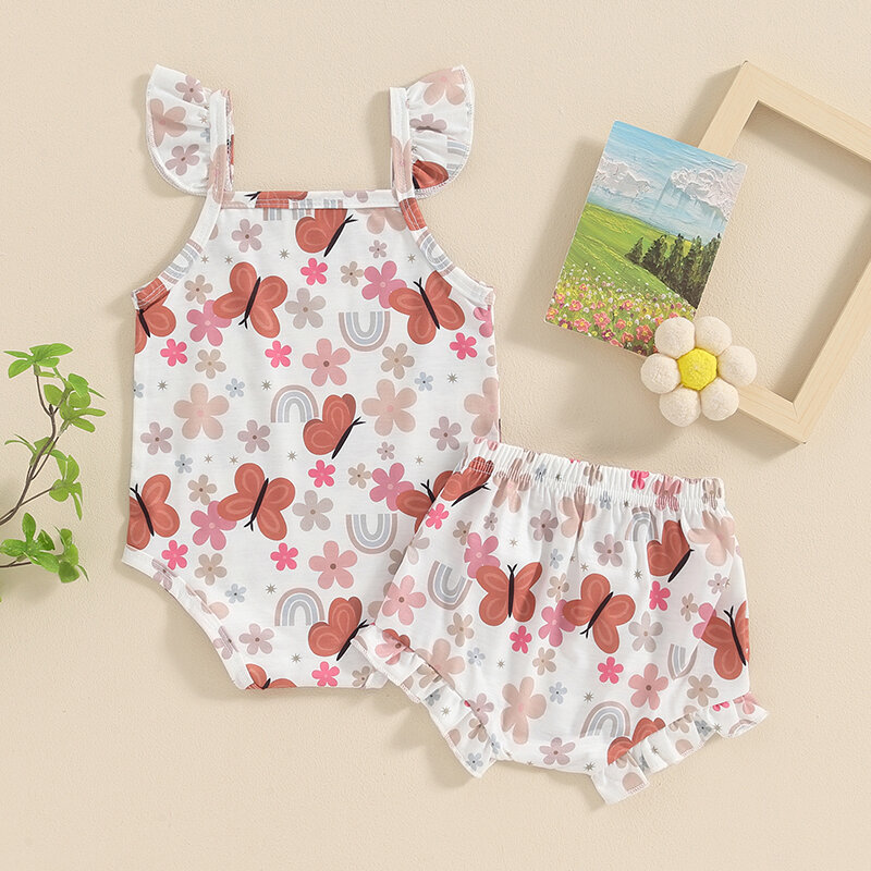 Setelan baju monyet bayi perempuan, setelan pakaian musim panas 2 potong tanpa lengan semangka/motif bunga tali + celana pendek