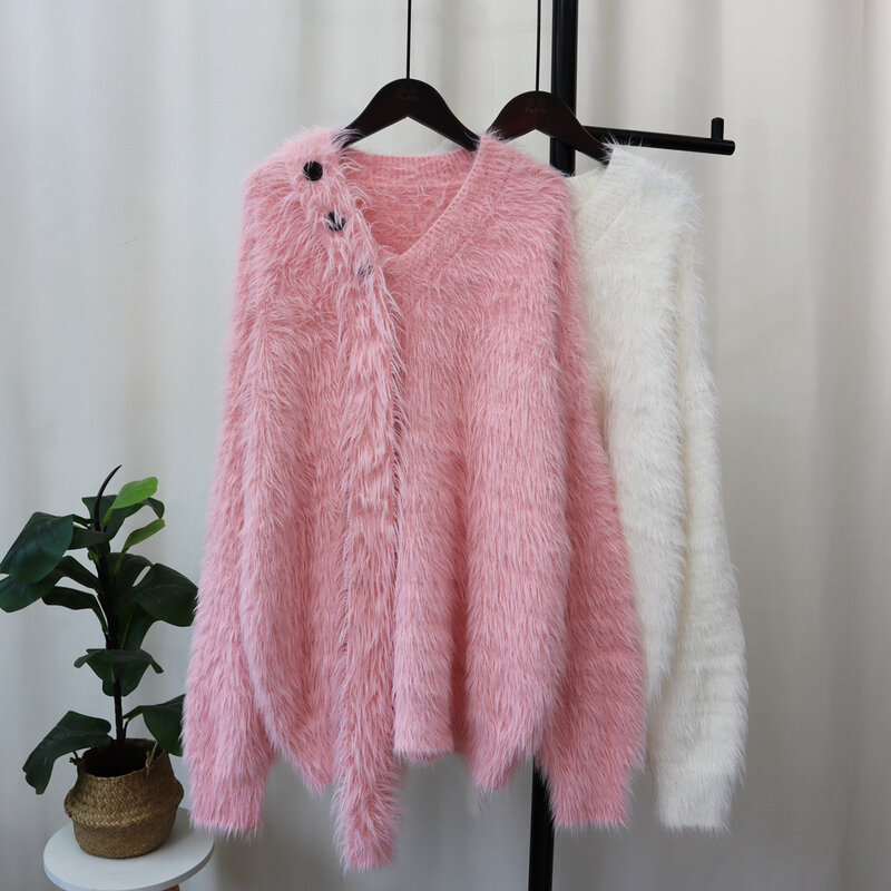 Hsa 2023 новый осенне-зимний норковый бархатный с v-образным вырезом французский свитер женский пуловер Свободный мохер ленивый милый плюшевый свитер верхняя одежда шикарные топы