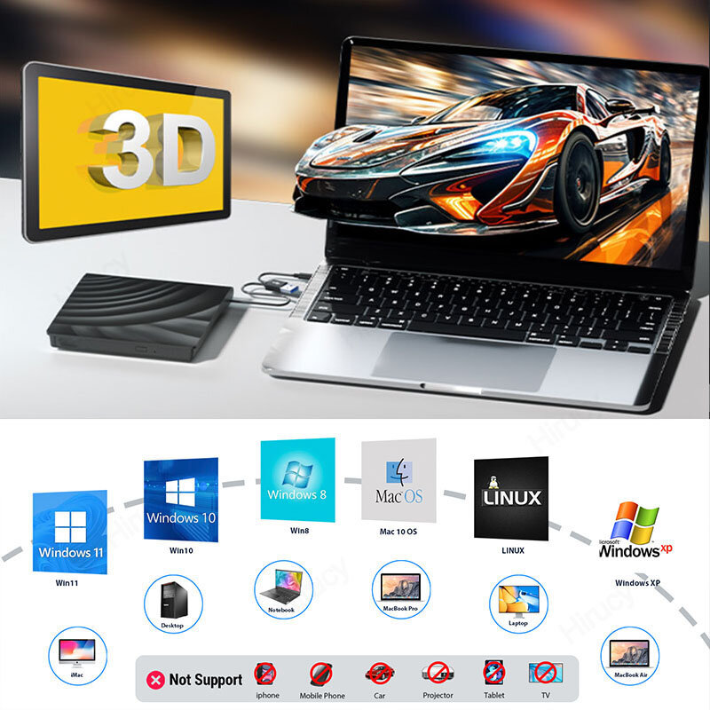 외장 블루레이 광학 드라이브, USB 3.0, 휴대용 3D BD-Combo, CD DVD 플레이어, 노트북 PC 컴퓨터 노트북용 버너