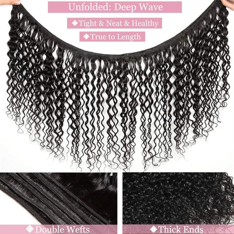 Deep Wave Bundles with Closure Human Hair 100% Brazilian Virgin Remy Hair 3 Bundles and 13x4 HD Lace Closure with Baby Hair #1B