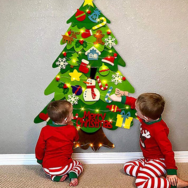 Diy Vilt Kerstboom Set Met 32 Ornamenten En Led Lichtslingers Voor Peuters Kids Nieuwjaarscadeau Xmas Cadeaus Huisdeur Muur