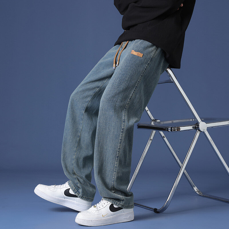 Мужские джинсы с широкими штанинами, повседневные мешковатые прямые джинсы с эластичным поясом, в Корейском стиле, 2024