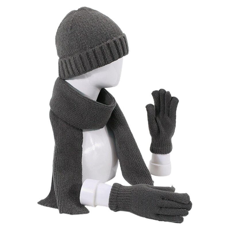 ผู้ชายผู้หญิงฤดูหนาว 3 ชิ้นหมวกหมวกผ้าพันคอยาวถุงมือชุดถัก Cuffed Skull หมวกเย็นสภาพอากาศ Windproof คอ