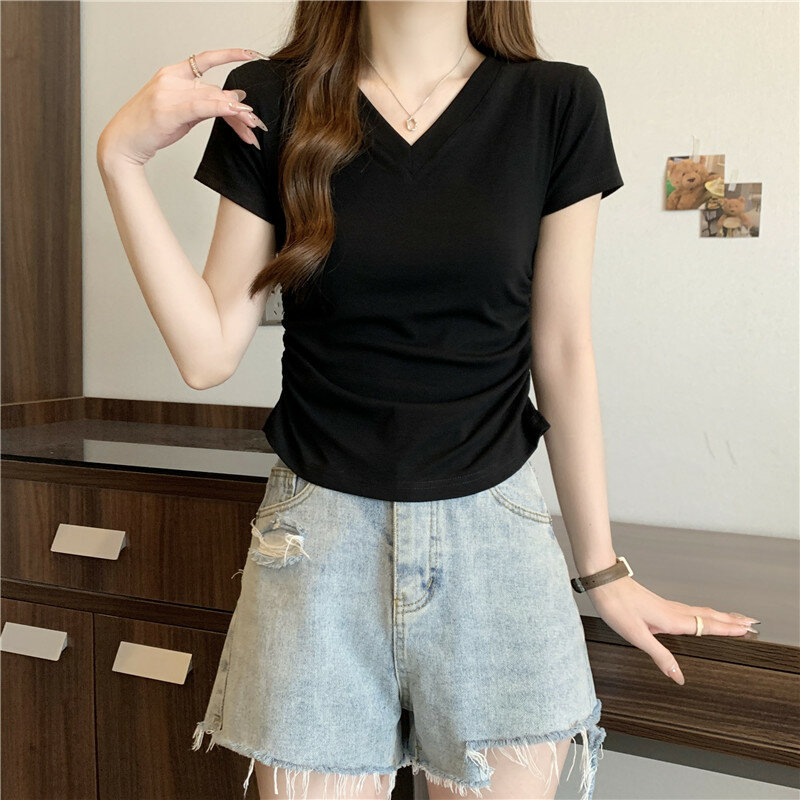 Miiiix-camiseta feminina plissada com decote em v, camiseta slim fit, blusa de manga curta, roupa feminina, moda coreana, novo design sense, 2024