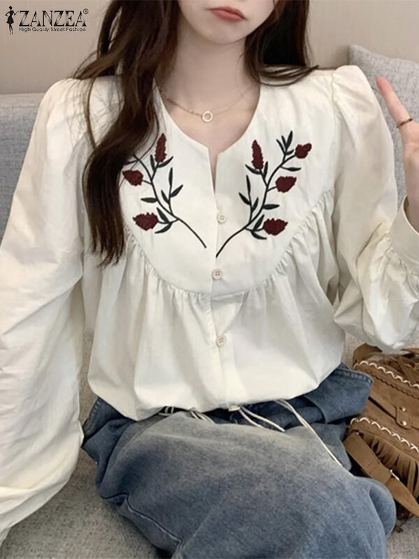Винтажная рубашка ZANZEA с пышными длинными рукавами, Женская Ретро блузка с цветочной вышивкой, лето 2024, корейская мода, туника, элегантные офисные Топы