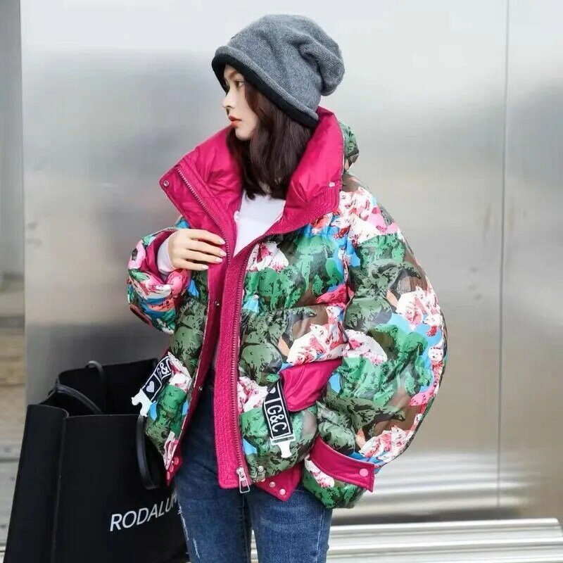 Piumino invernale da donna con colletto alla coreana, piumino tascabile, stampa Streetwear, piumino d'anatra bianco, cappotto moda Casual allentato femminile