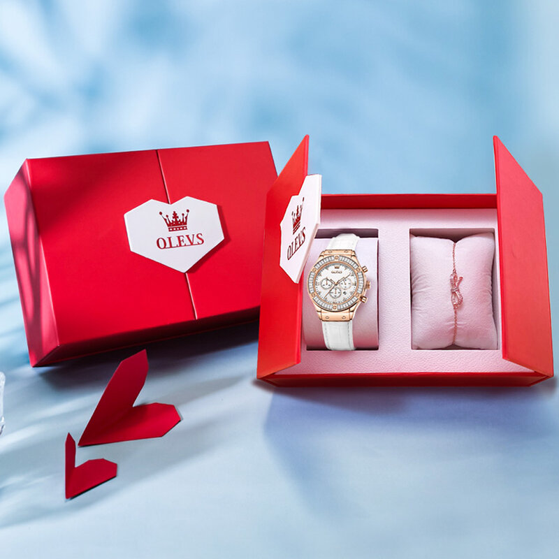 OLEVS moda damska zegarki skórzane z chronografem na pasku wodoodporne świecące dłonie wielofunkcyjne damskie kwarcowe zegarki na rękę