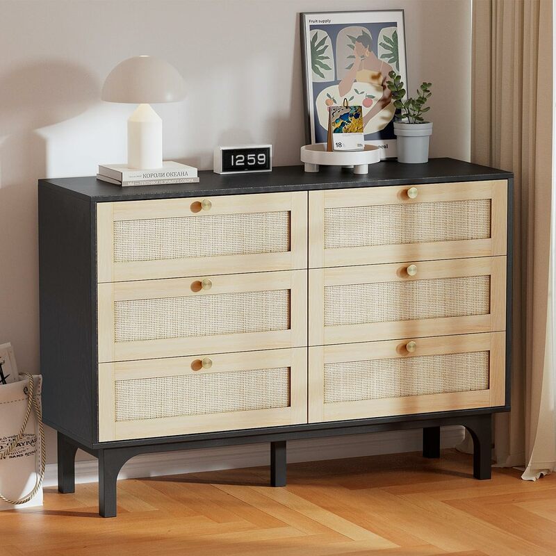 Modern Dresser gaveta com alças de ouro, Long Boho Dresser com grandes gavetas, TV Stand, peito de madeira de gavetas, 6 Rattan