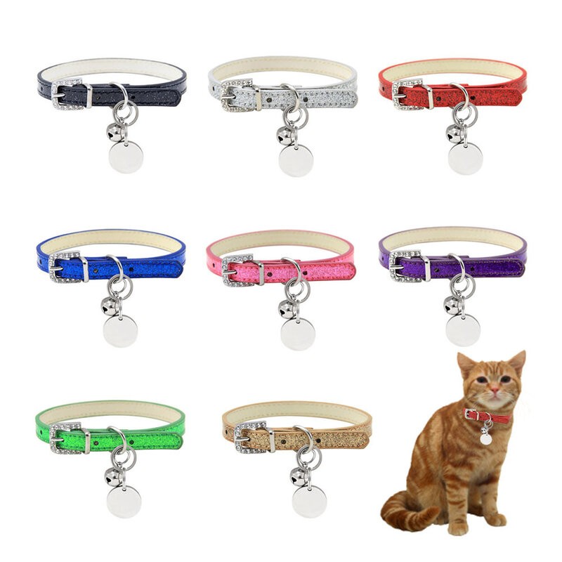 Bling Leather Cat Collar With Bell Personalized ID Name Collar for Cats Puppy Small Dog Kitten Accessories Chuahua Necklace XS S