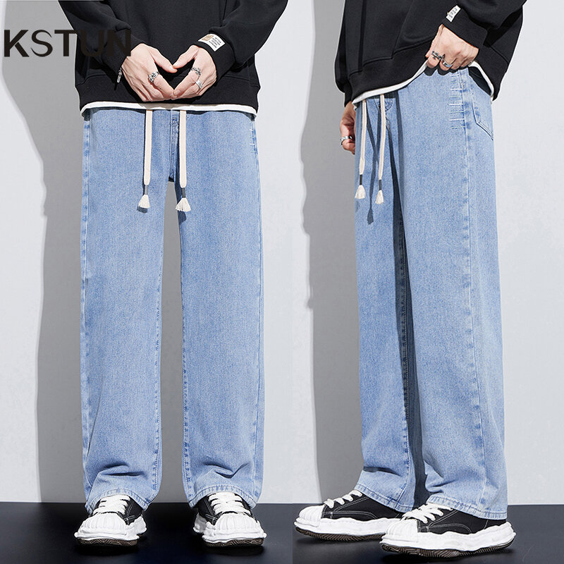 Weites Bein Jeans Männer Baggy Pants Loose Fit hellblaue elastische Taille Kordel zug Mode Größe Stipes Herren hose Streetwear