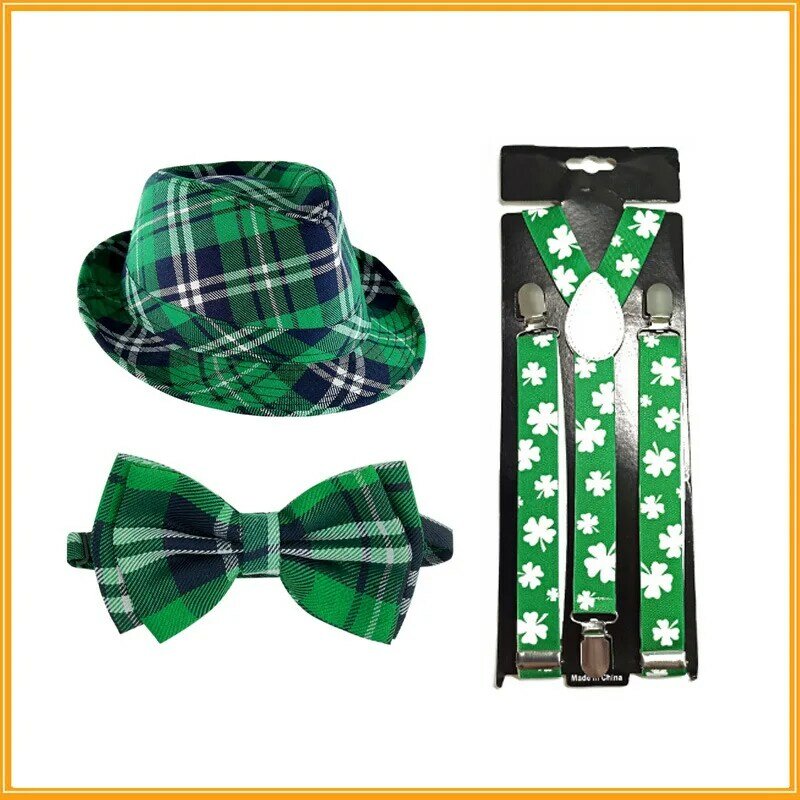 Accesorios de disfraz del Día de San Patricio del Festival irlandés, conjunto de 3 piezas, sombrero a cuadros verdes, liguero Shamrock con lazo