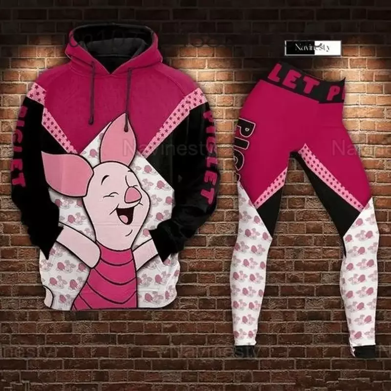 2024 New Disney Piglet 3D Hoodie Women's Hoodie Suit Piglet Yoga Pants Sweatpants Fashion Sports Suit