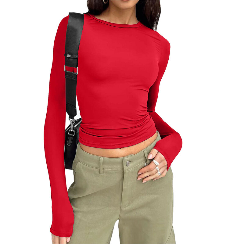 Kaus lengan panjang wanita, atasan Crop pullover pakaian jalanan perempuan musim semi musim gugur