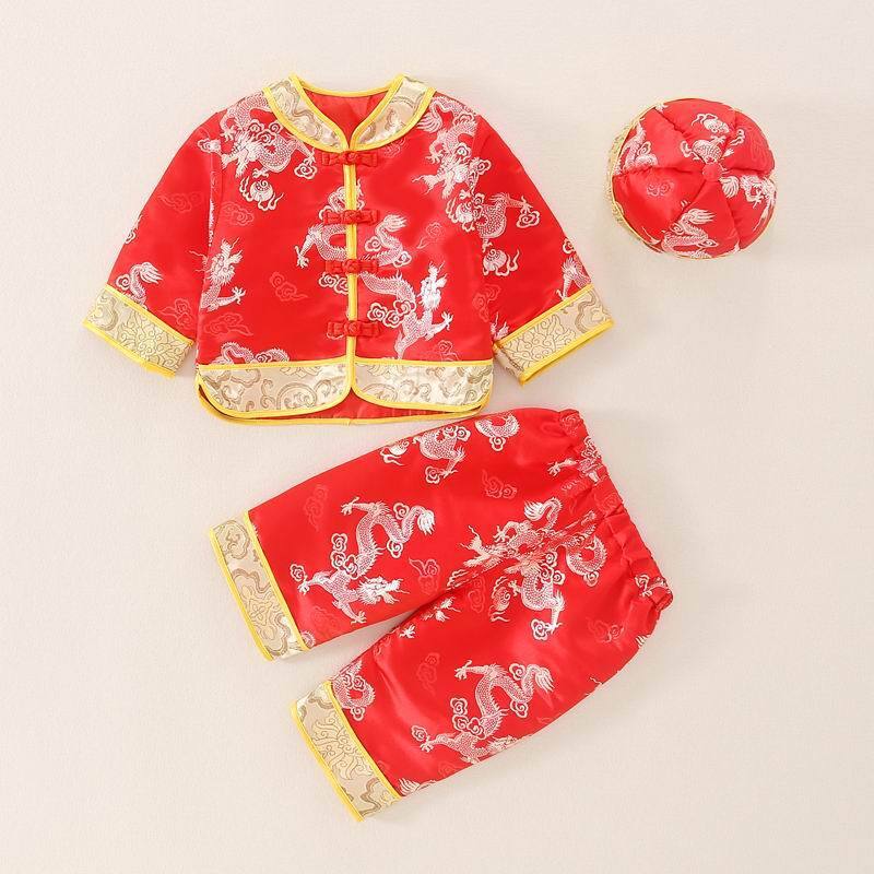 Chińskie tradycyjne strój Tang dziewczynki chłopcy noworodek niemowlę kostiumy dzieci topy spodnie kapelusz strój czerwony nowy rok prezent urodzinowy ubrania