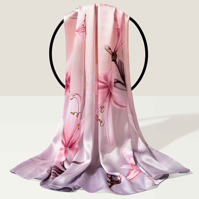 Écharpe en soie imprimée en Satin pour Femme, châle de Hangzhou en soie 100% naturelle, Long Foulard pour le cou, 170x53cm