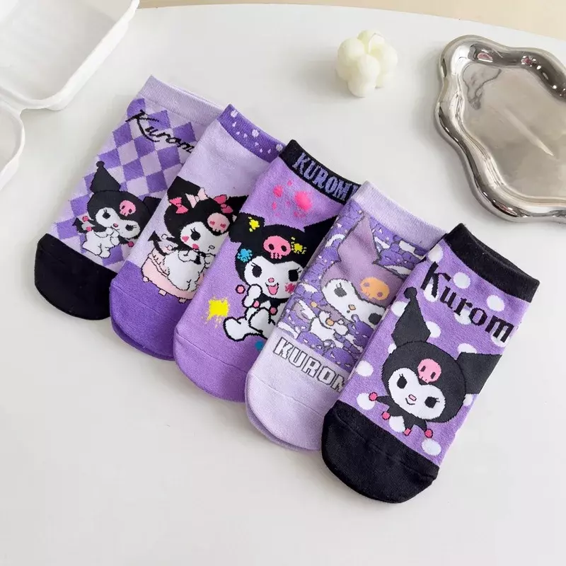 Cartoon Kuromi impresso meias curtas para meninas, meias de algodão para adultos, roxo bonito, novo, 1 par, primavera, outono