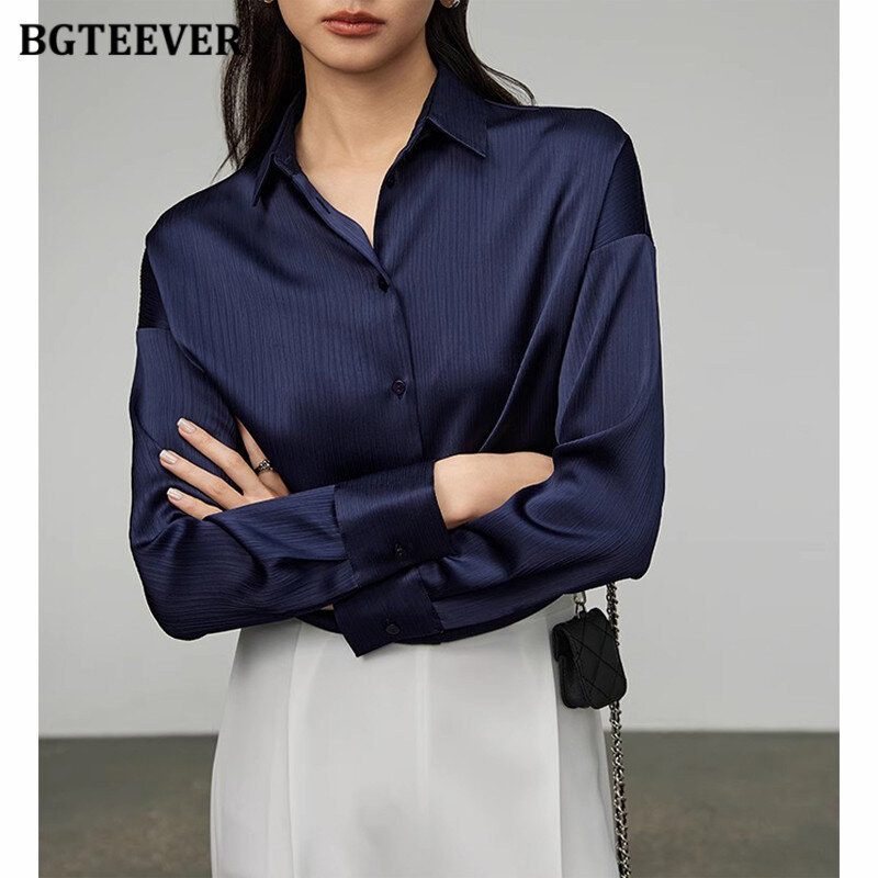 Элегантная однобортная Женская атласная блузка BGTEEVER с отложным воротником, свободные женские рубашки с длинным рукавом, весенние женские блузы