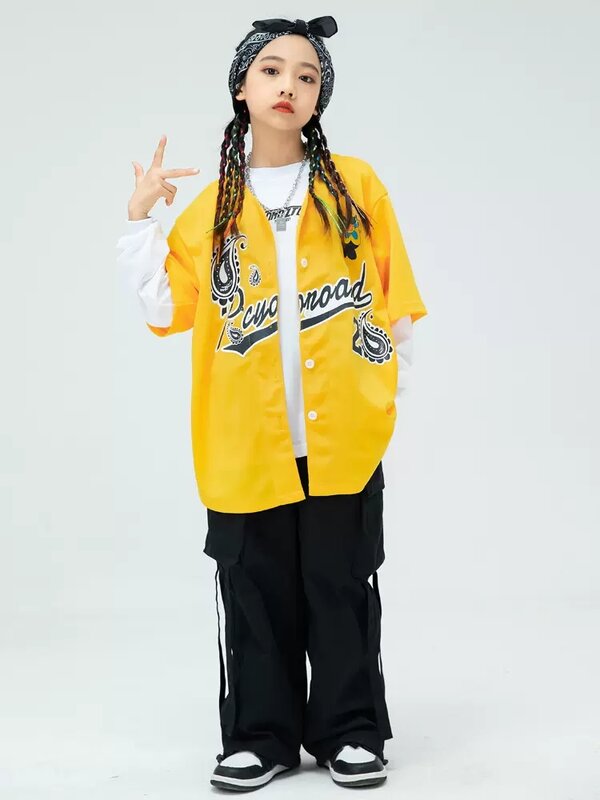 Hip Hop Streetwear Girls Jazz Dance Costume Yellow Shirt Loose Cargo Pants Kpop Outfit Boys Street Dance Practice Wear YS4569