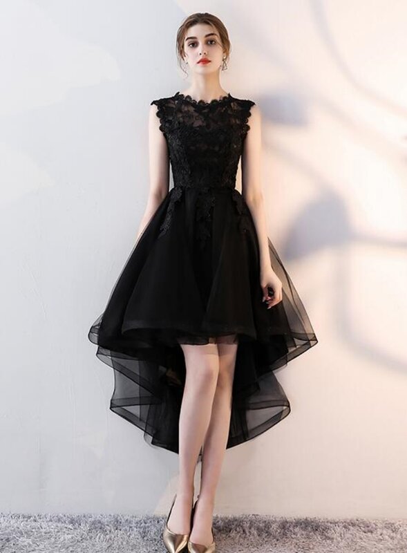 Mode Nieuwe Zwarte Mouwloze Rits Rug Hi-Lo Prom Jurk Avondfeest Jurk Formele Gelegenheid Hand Op Maat Gemaakt