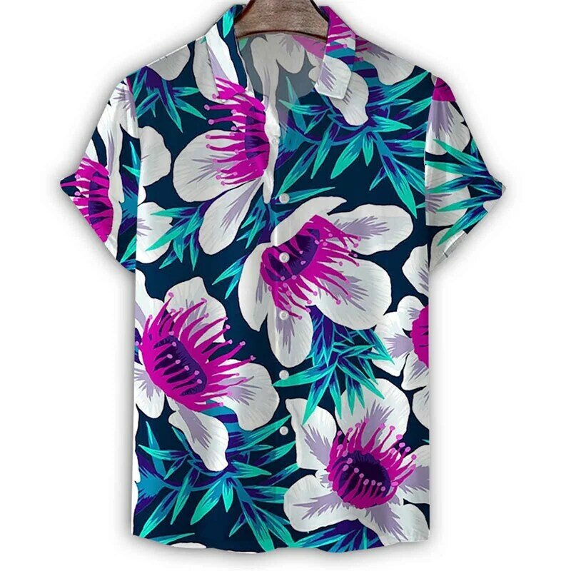 Camisa hawaiana con estampado 3d de flores para hombre, camisetas de manga corta con solapa, blusa Harajuku con botones y patrón de plantas para vacaciones, gran oferta, Verano