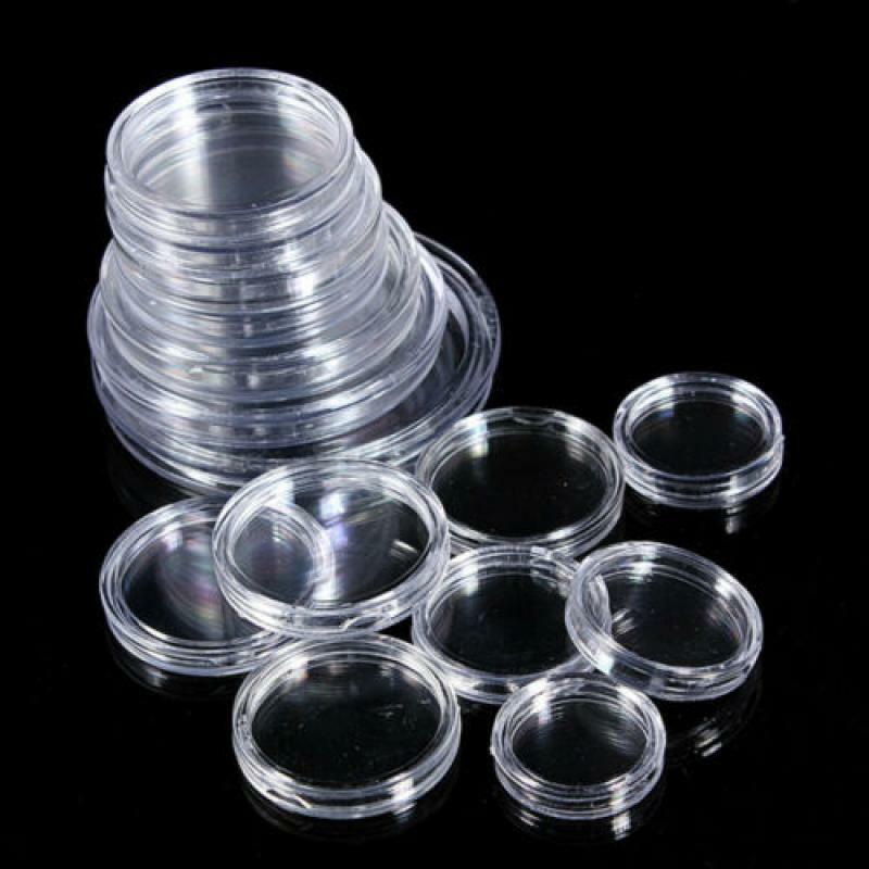 Caixa coletor de plástico transparente para moedas, cápsulas de armazenamento, caixas de proteção, recipientes, suporte, 21-38mm, 10 pcs, 25pcs