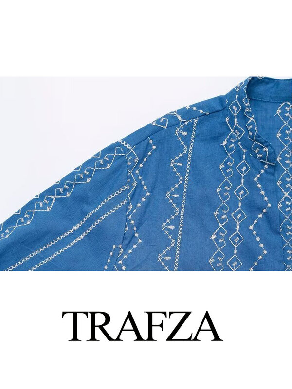 TRAFZA-Camisa casual bordada azul feminina, mangas compridas, peito único, blusa fina solta, tops chiques vintage, moda