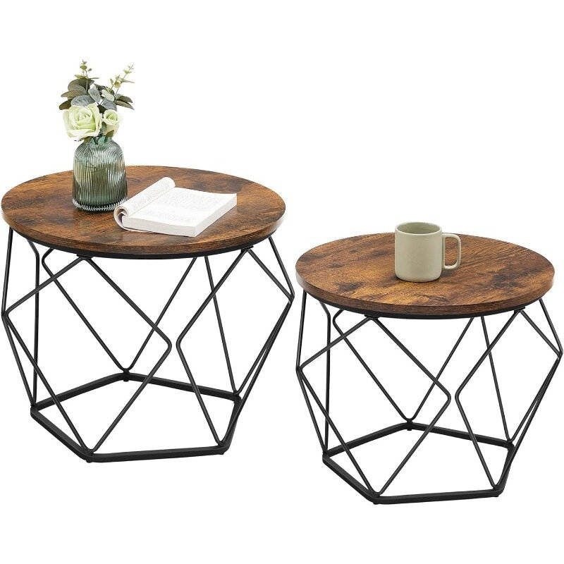 Zestaw mały stolik kawowy VASAGLE 2, okrągły stolik kawowy z stalowa rama, boczny stolik końcowy do salonu, sypialni, biura, Rusti