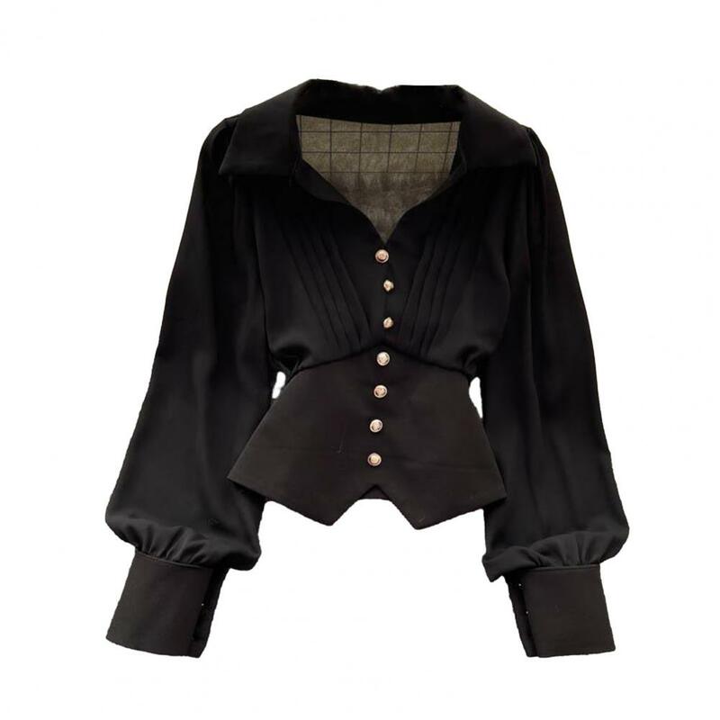 Camisa elegante de estilo francés para mujer, Top abotonado con mangas abullonadas, dobladillo Irregular, solapa, cuello en V, color sólido